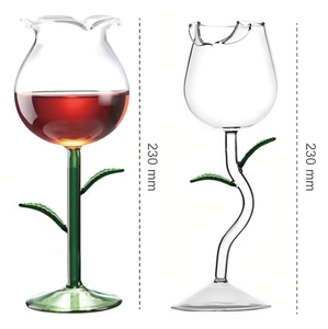 Detailed view of 230mm rose-shaped wine glasses showing unique stem and petal design