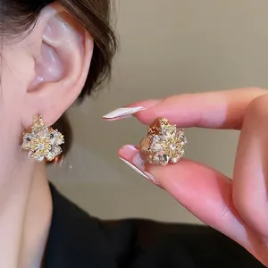 Exquisite double-sided flower opal earrings with rhinestones and gold plating for women