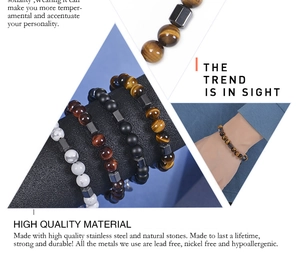 Detail of 8mm tiger eye stone beaded bracelet with durable stainless steel spacers