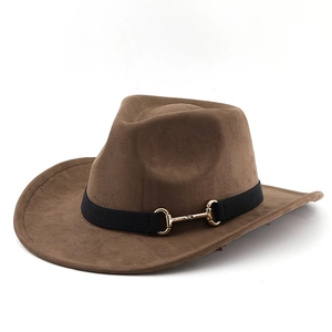 Brown faux suede western cowboy hat with gold horsebit buckle and black band decor