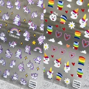 Adesivi Per Unghie 3D In Rilievo Disegni Cartoni Animati Unicorno Arcobaleno Per Bambini Ragazze Decorazione Manicure DIY
