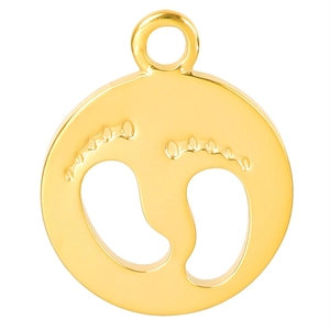 Macro detail of a 18k gold-plated stainless steel round pendant with baby footprint cutout
