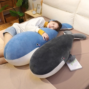 Cute cartoon whale plush bolster pillow in blue and grey for comfortable side sleeping