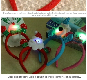 Close-up of LED glowing Christmas headbands with Santa, reindeer and snowman designs