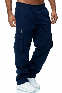 Detail of men's dark blue cargo pants showing side pockets and reinforced stitching