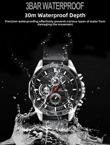 Close-up of VA VOOM men's waterproof watch with 3BAR resistance and water splash detail