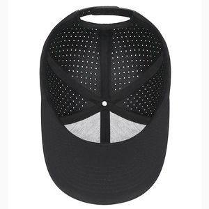 Inside view of black hip hop hat featuring laser perforated fabric and snapback closure