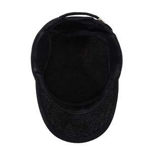 Black wool cadet cap for men featuring a warm flat top design and adjustable strap back