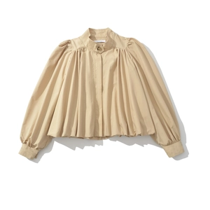 Blouse plissée kaki de style britannique avec manches lanterne et col montant femme