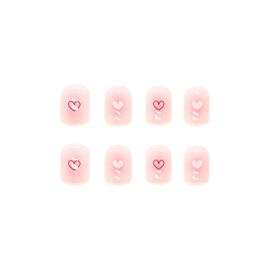 Short round pink press-on nails with white and red heart designs 8-piece set
