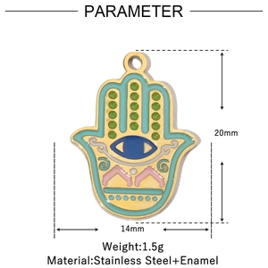Detailed dimensions of Hamsa hand pendant in colorful enamel and stainless steel