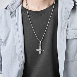 Men's silver inverted cross necklace with black enamel inlay on a round link chain