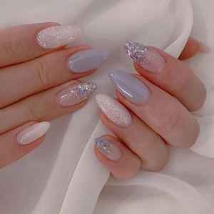Press On Nails Almond Shape Medium Length Lilac Purple Fog Blue Gradient Glitter Artificial Fake Nails For Women ABS Plastic