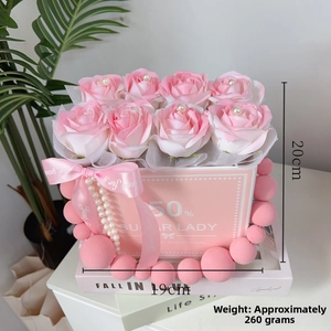 Pink soap rose gift box with pearl accents, ribbon, and 19x20cm dimensions detail