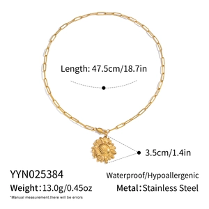Detailed size specifications for golden sunflower pendant stainless steel necklace