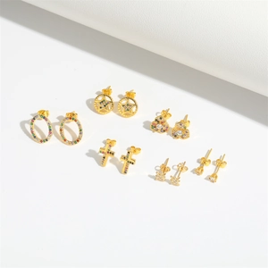 Set of six pairs of gold-tone cross and star stud earrings with colorful zircon stones