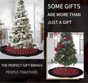 Detail of red and black buffalo plaid Christmas tree skirt with ruffled edge decor
