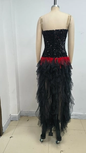 Detail of sequined bodice with red feather waist accent and tiered black mesh skirt back
