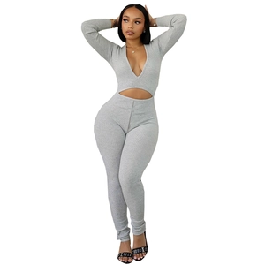 Grey long sleeve knit bodysuit with deep V-neck and waist cut-outs for women