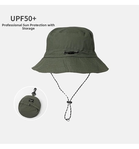 Detail of army green packable sun hat with UPF50+ protection and adjustable wind cord