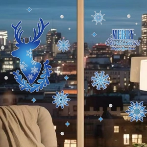 Blue reindeer and snowflake static window clings with Merry Christmas typography for decor