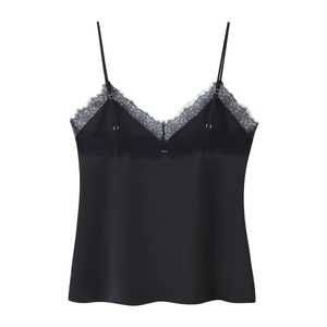 Detail shot of black satin camisole featuring delicate V-neck lace trim and smooth texture