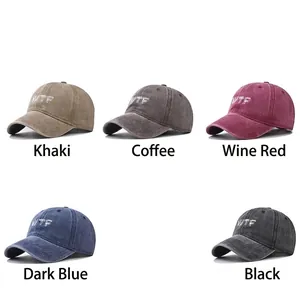 Vintage washed cotton baseball caps with WTF embroidery in five assorted colors