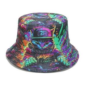 Cappello Alla Pescatora Con Stampa Gatto Graffiti DJ Poliestere Streetwear Protezione Solare Pieghevole Per Donna