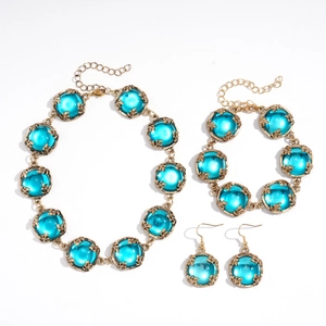 Parure de bijoux vintage dorée et bleue avec collier, bracelet et boucles d'oreilles