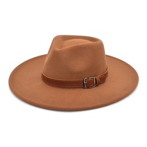 Chapeau fedora en laine marron à large bord avec bande en cuir et boucle métallique