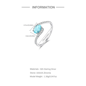 Detailed spec view of S925 sterling silver ring with blue oval AAAAA zirconia stone