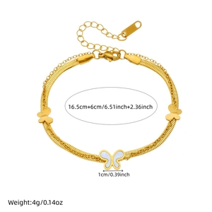 Gold double layer butterfly bracelet with white shell charm on minimalist steel chain