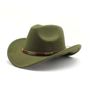 Olive green felt fedora hat with brown leather band and bronze metal buckle detail