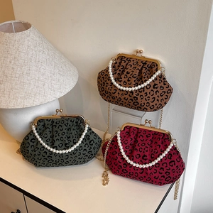 Vintage leopard shell bag with pearl chain strap in three colors for women