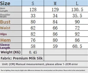 Size chart for long dress with S, M, L dimensions including length, bust, and waist
