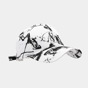 Artistic graffiti tie-dye baseball cap with black ink patterns for outdoor leisure wear