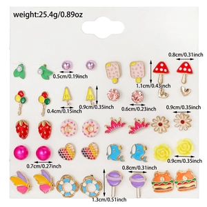 Detailed view of various colorful drip oil stud earrings on a card with dimensions