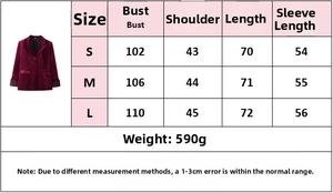 Detailed size chart table for velvet blazer and wide-leg pants set showing measurements