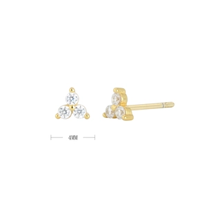 Macro detail of 4mm S925 silver gold-plated triangle stud earrings with clear zircons