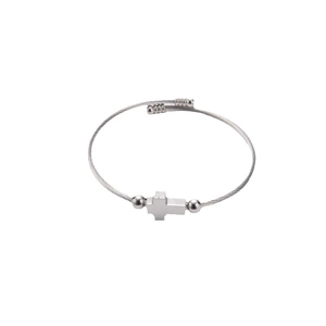 Adjustable silver titanium steel wire cable bangle featuring a cross charm and beads