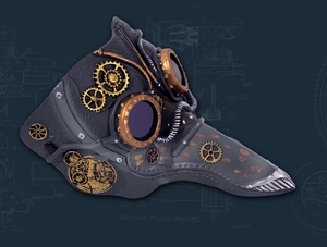 Steampunk plague doctor mask with gold gears and rivets on a blueprint background