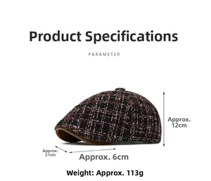 Detailed size specifications for the vintage plaid newsboy cap with precise measurements