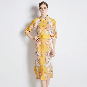 Elegant yellow floral shirt dress with matching belt and vintage print in a relaxed fit