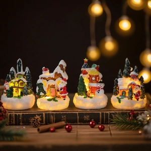 Christmas Luminous Resin House Miniatures LED Warm Light Desktop Ornaments Santa Claus Snowman Micro Landscape Decor