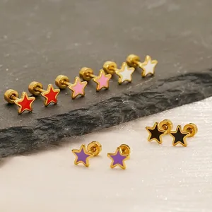 Star Stud Earrings Stainless Steel Colorful Enamel Flat Back Screw Tiny Minimalist Piercing Jewelry For Women Girls
