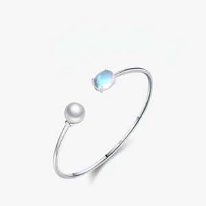 925 Sterling Silver Cuff Bracelet With Artificial Pearl And Moonstone Open Adjustable Elegant Simple Jewelry For Women
