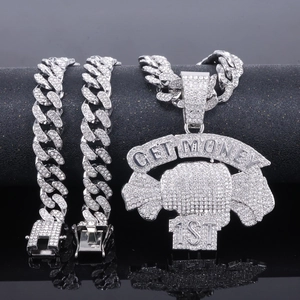 Silver iced-out skull GET MONEY pendant on Cuban link chain and bracelet set