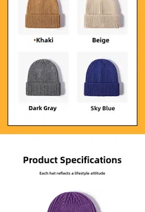 Detail view of rib-knit textures on beanies in khaki, beige, grey, blue and purple