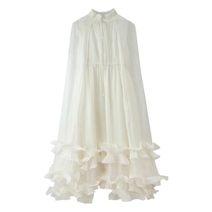 Maxi Dress Chiffon Pleated Ruffle Bow-Tie Mock Neck Puff Sleeve Elegant Fairy Style For Women White Long Sleeve
