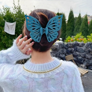 Elegant double-layered matte blue butterfly hair claw clip for women back head styling